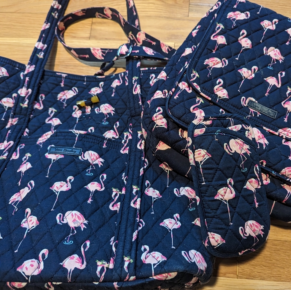 Set of Vera Bradley flamingo fiesta print: tote bag, purse, and sunglasses case